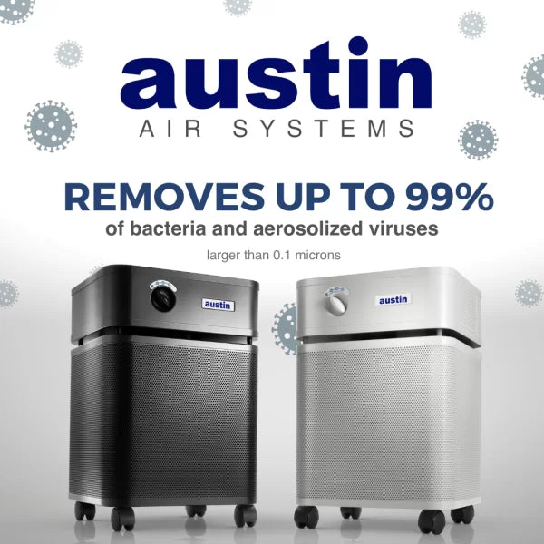 2 Austin Air Filters with text that reads "Removes up to 99% of bacteria and aerosolized viruses"