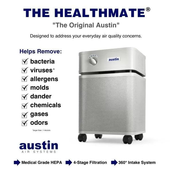 Austin Air Healthmate Product Features: Helps remove bacteria, viruses, allergens, molds, dander, chemicals, gases and odors