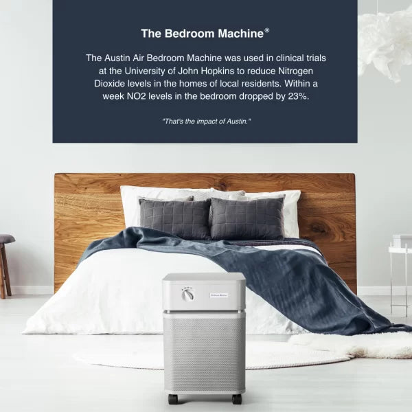 Austin Air Bedroom Machine Air filter in bedroom with text detailing a study that found that within a week NO2 levels dropped by 23%
