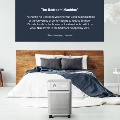 Austin Air Bedroom Machine Air filter in bedroom with text detailing a study that found that within a week NO2 levels dropped by 23%