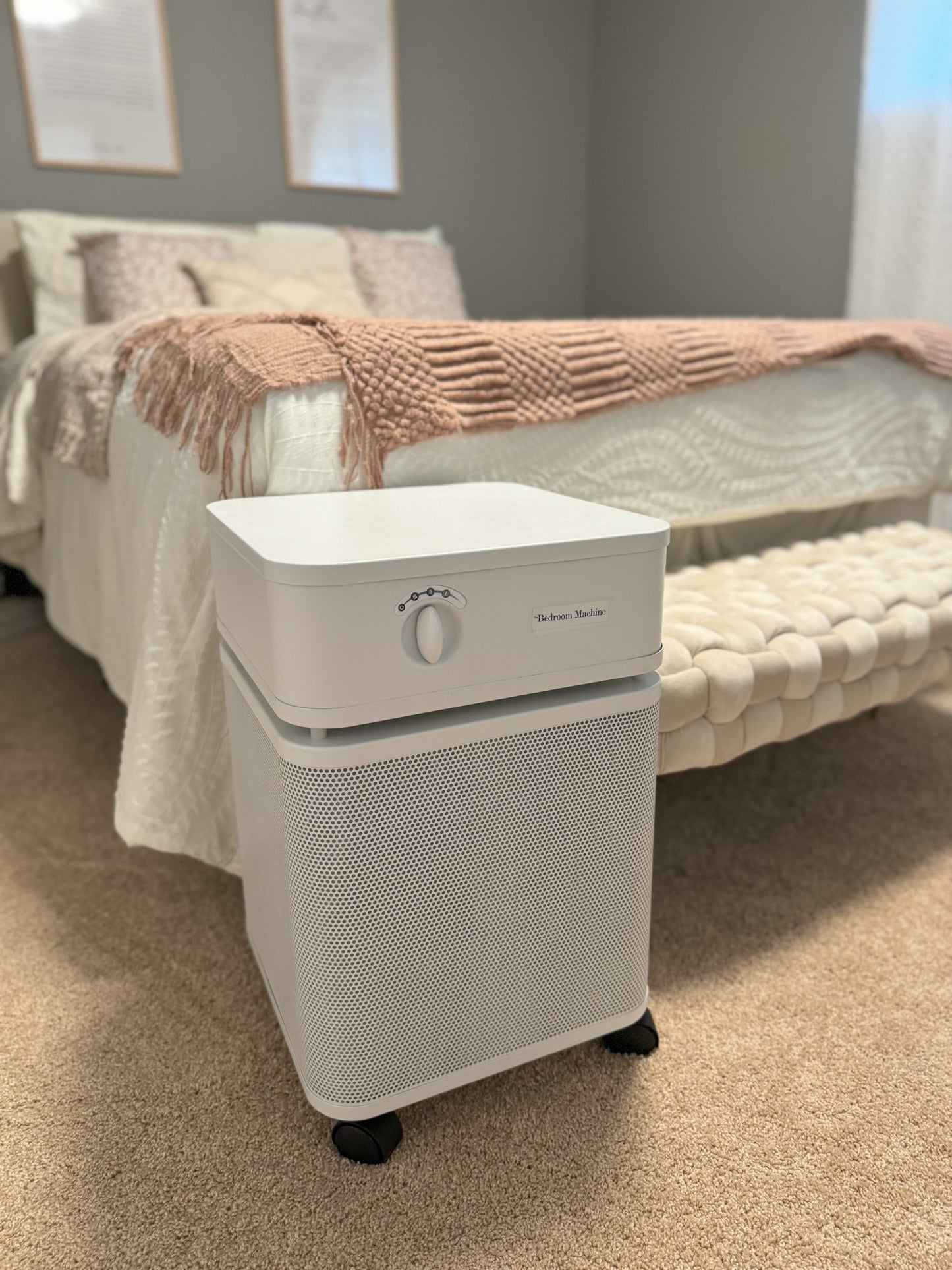 Austin Air Bedroom Machine Air filter in front of bed
