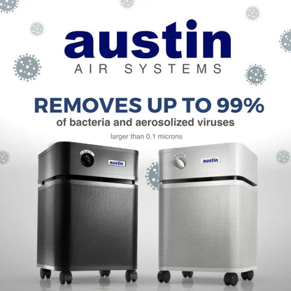 2 Austin Air Filters with text that reads "Removes up to 99% of bacteria and aerosolized viruses"