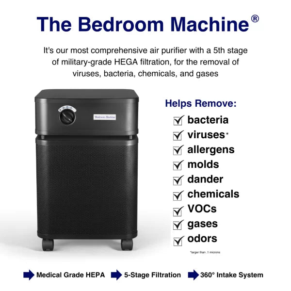 Austin Air Bedroom Machine Air Filter features "the most comprehensive air purifier with a 5th stage of military grade HEGA filtration, for the removal of virses, bacteria, chemicals and gases"