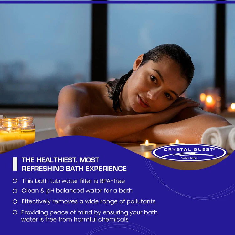 Image of person in a bath with text outlining the benefits of using the bath ball filter: provides water that is BPA free, clean and pH balanced water, removes wide range of pollutants and provides peace of mind.