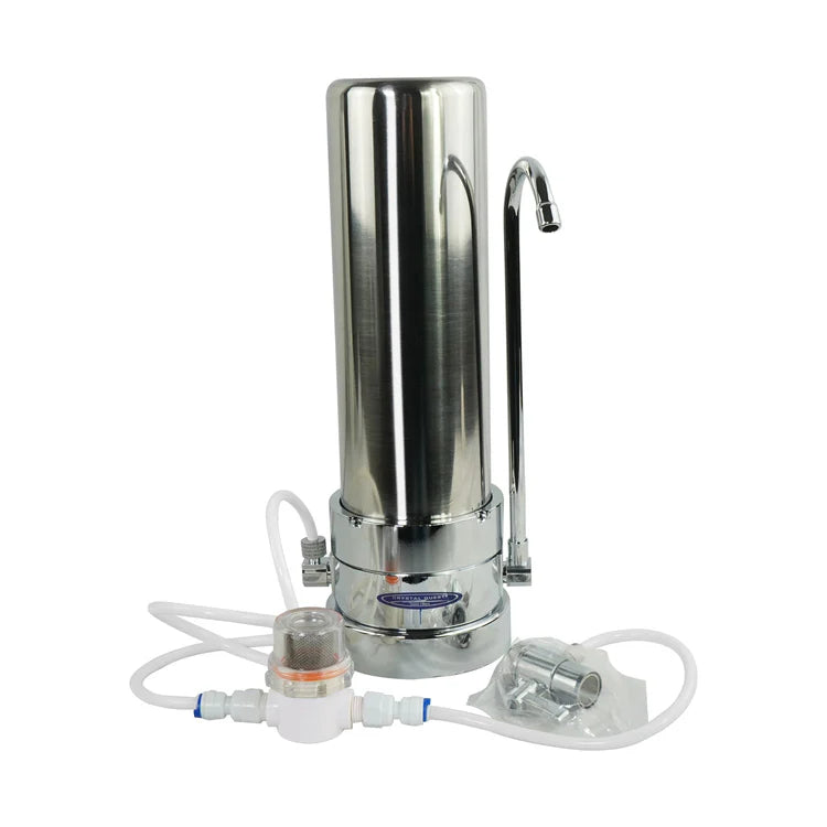 Fluoride Removal | SMART Single Cartridge Countertop Water Filter System Stainless Steel model with attachment