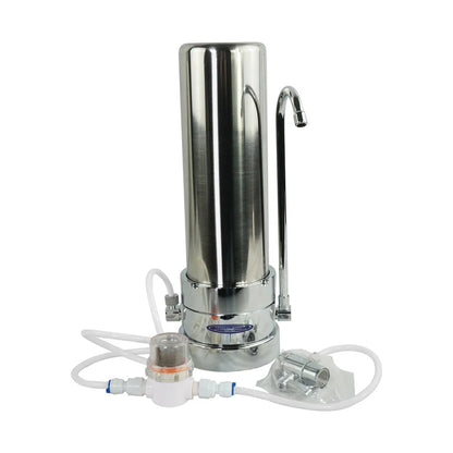 Fluoride Removal | SMART Single Cartridge Countertop Water Filter System Stainless Steel model with attachment