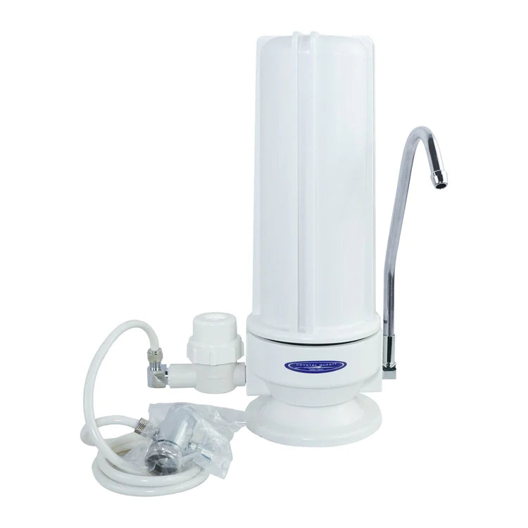 Fluoride Removal | SMART Single Cartridge Countertop Water Filter System White Polypropylene model with attachment
