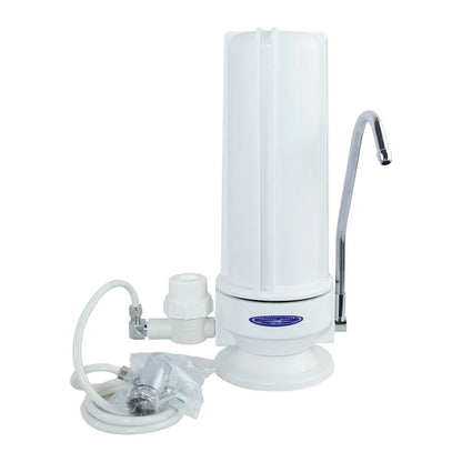 Fluoride Removal | SMART Single Cartridge Countertop Water Filter System White Polypropylene model with attachment